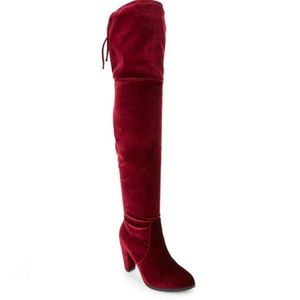 CATHERINE MALANDRINO, Knee-High, Velvet, Sz. 7 1/2, Bordello, Red, Heeled, Boots